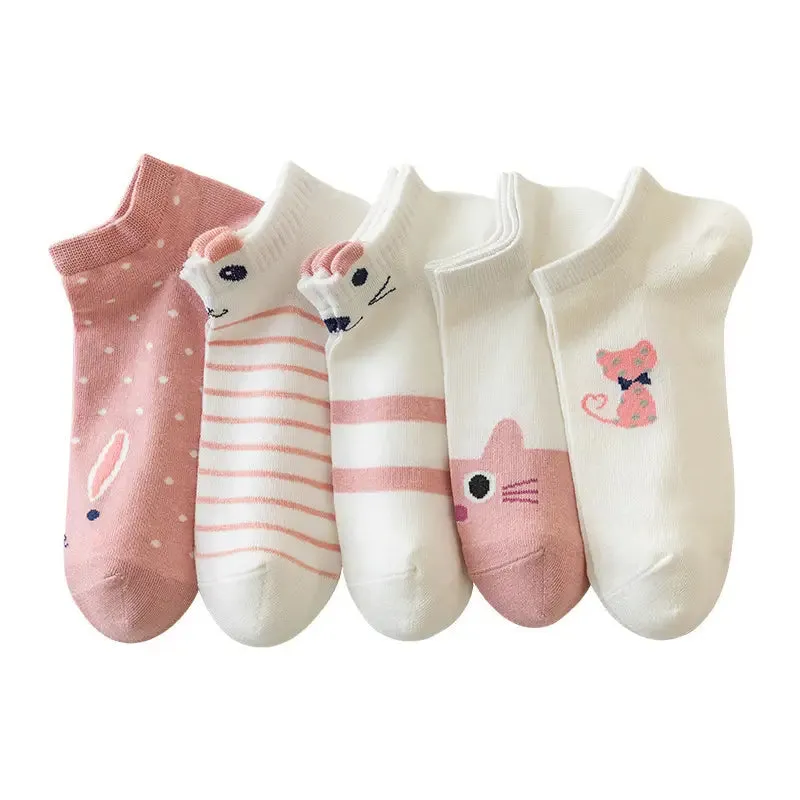 5-Pairs: Pink Kitty Crew Socks