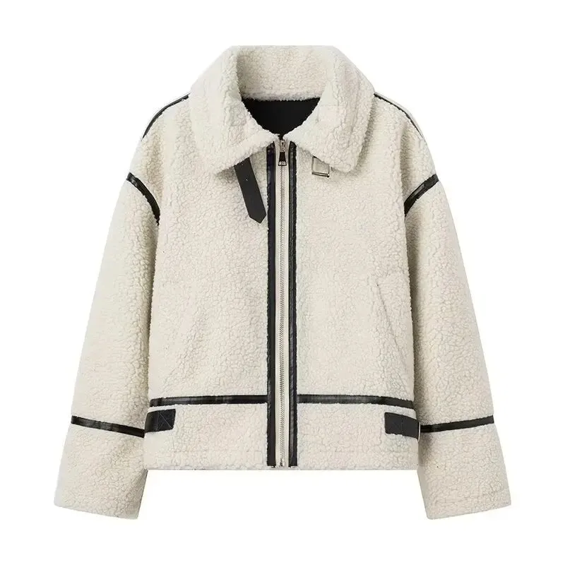 Flip collar color lamb wool jacket warm and comfortable in autumn and winter slim fit jacket motorcycle leather jacket