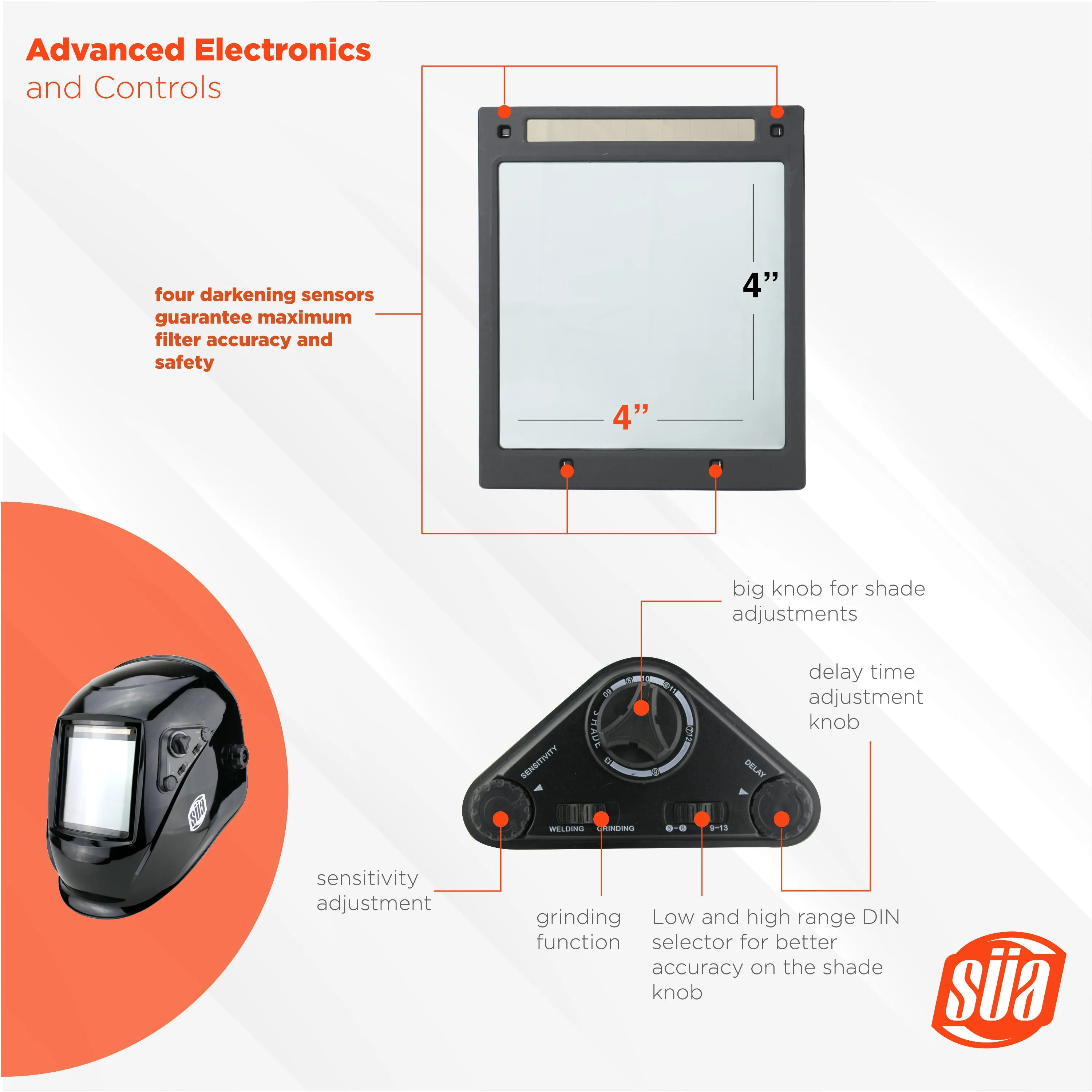 Welding Helmet  - Model: Vector - Auto Darkening - Largest Viewing Area: 4" x 4" - Photovoltaic Powered - Ergonomic Headgear